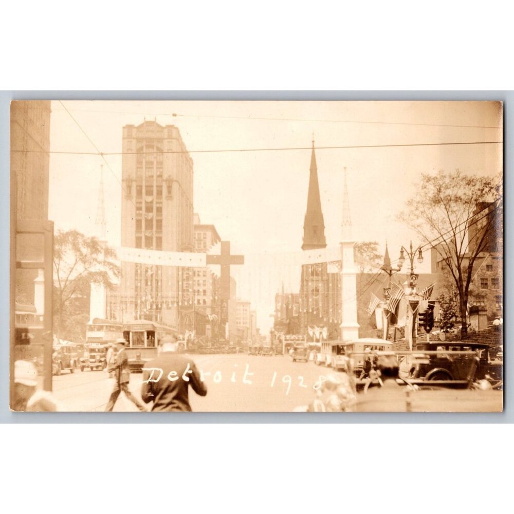 Vintage Detroit 1928 Real Photo Postcard City Street Scene Sepia Tone  #1572